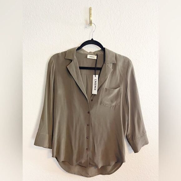 L'AGENCE Amilina Silk crepe Blouse Button-Up dark olive NWT 275$ - Picture 2 of 5